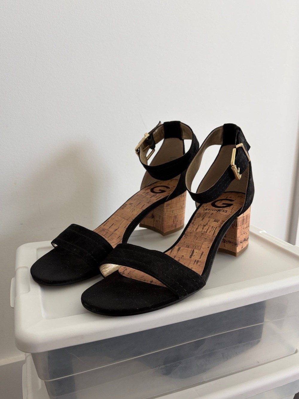 Guess Black Suede Block Heel Sandals with Gold Buckle